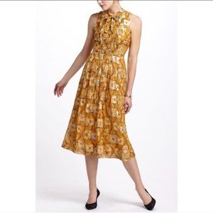Silk paisley print dress with gold threads and tie neck